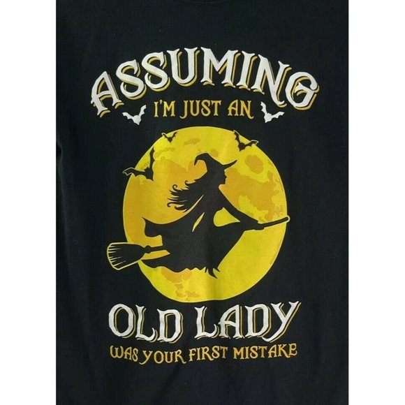 Halloween T Shirt Old Lady Witch Humor Adult Unisex Small Black and Yellow - Picture 2 of 3